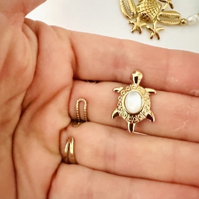 Pendentes dourados em forma de tartaruga com pérola na mão