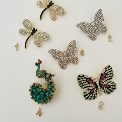 Broches decorativos com pedras brilhantes em formas de libélulas, borboletas e pavão, num fundo branco.