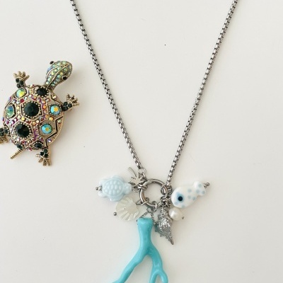 Colar com pendentes variados e broche de tartaruga com pedras coloridas