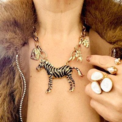 Colar dourado com pendente de zebra e anéis com pedras brancas.