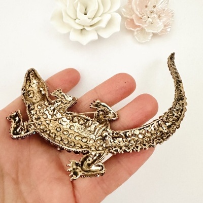 Broche dourado em forma de lagarto segurado na mão com duas flores decorativas ao fundo