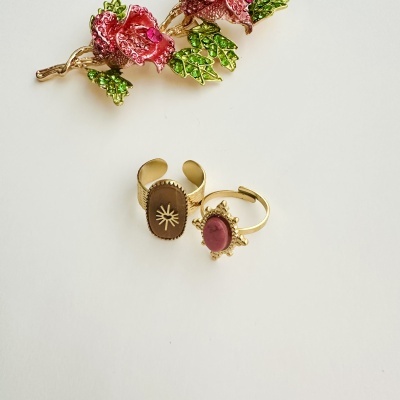 Anéis dourados com pedras e broche floral vermelho e verde.