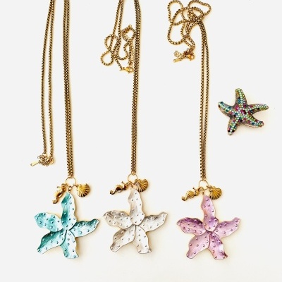 Colares com estrelas do mar coloridas e broche de estrela do mar brilhante