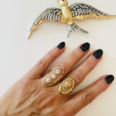 Mão com dois anéis dourados e broche de pássaro metálico em fundo branco