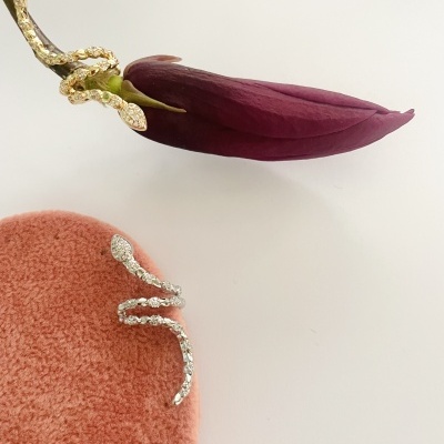 Anel de cobra dourado com pedras sobre tecido rosa, flor roxa seca suspensa