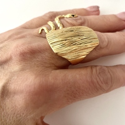 Anel dourado com serpente e textura usado na mão
