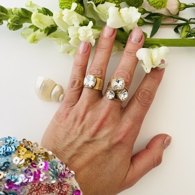 Mão feminina com anéis dourados, flores verdes e brancas, concha, e manga com lantejoulas coloridas