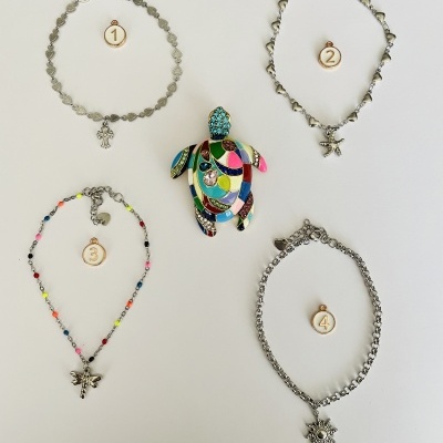 Quatro pulseiras prateadas numeradas e broche de tartaruga colorido no centro