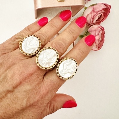 Mão com três anéis dourados com camafeus brancos e caixa de veludo rosa claro com coroas e flores cor-de-rosa