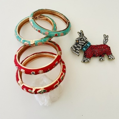 Pulseiras esmaltadas vermelhas e azuis e broche em forma de cão com pedras coloridas