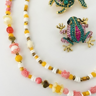 Colares coloridos com contas e broches de tartaruga e rã com pedras brilhantes