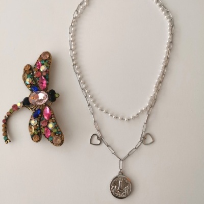 Broche libélula colorido e colar prateado com pérolas e pendente redondo.