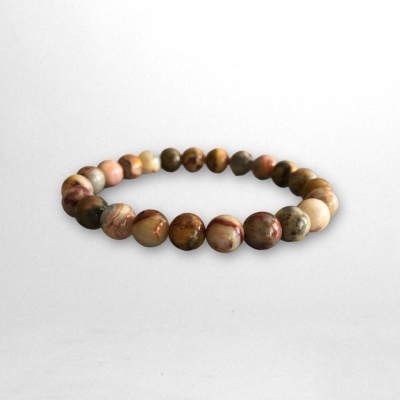 Pulseira de contas de pedra em tons castanho, bege e rosa