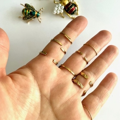 Mão com anéis dourados e joias de insetos coloridos ao fundo