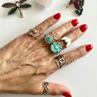 Mão com anéis variados sobre fundo branco com broches de insetos e cristal em forma de coração