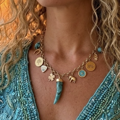 Colar com pendentes dourados e azul turquesa usado por pessoa com vestido azul bordado