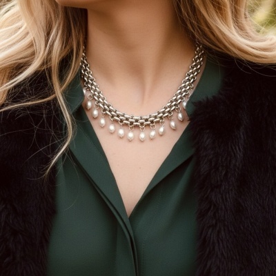 Colar dourado com pérolas penduradas num pescoço feminino