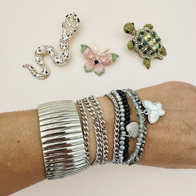 Pulseira prateada larga e pulseiras com contas no braço com broches de cobra, borboleta e tartaruga acima