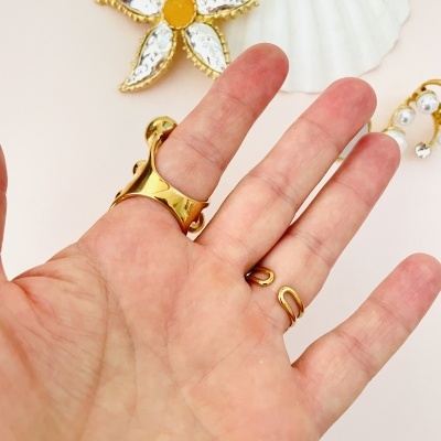 Mão com anéis dourados e broche de flor com concha ao fundo