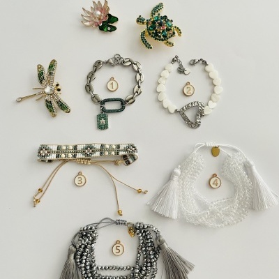 Sete bijuterias incluindo broches de flor, tartaruga e libélula e cinco pulseiras com contas e franjas em fundo branco