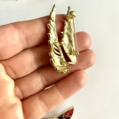 Broche dourado em forma de pena segurado numa mão, com outros broches desfocados ao fundo