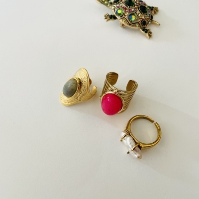 Anéis dourados com pedras vermelha, cinza e transparente e broche de tartaruga com pedras coloridas sobre fundo branco