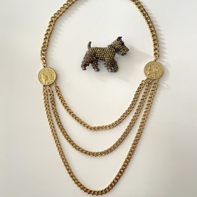 Colar dourado com moedas e broche de cão decorativo