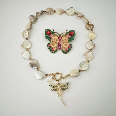 Colar de contas peroladas com pendente de libélula e broche borboleta colorido