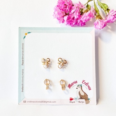Brincos de prata e pérola em cartão com ilustração de pássaro e flores rosa