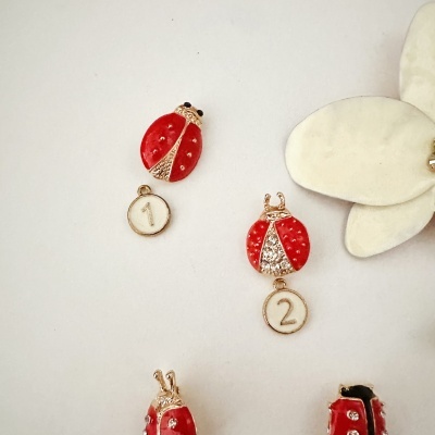Brincos e pendentes joaninhas vermelhas com pedras e flores brancas sobre fundo branco