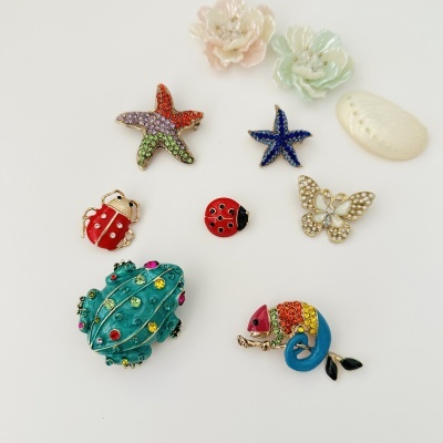 Broches decorativos em vários formatos e cores sobre fundo branco