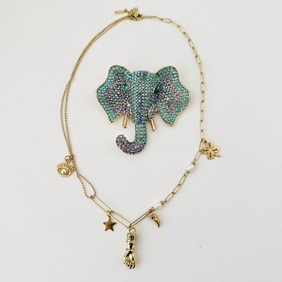 Colar dourado com vários pendentes e broche de elefante com cristais coloridos