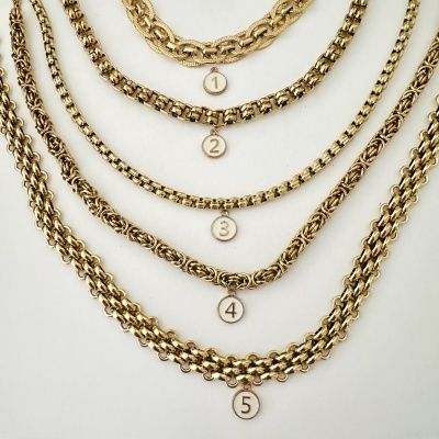 Cinco colares dourados numerados de 1 a 5 em fundo branco