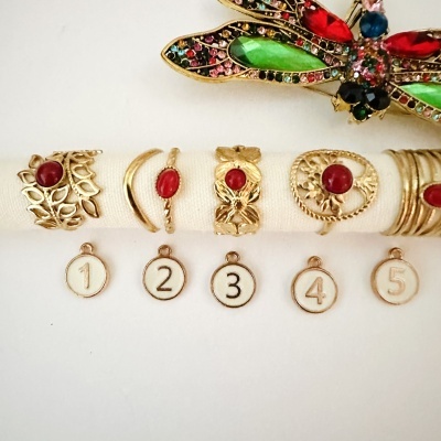 Cinco anéis dourados com pedras vermelhas e etiquetas numeradas de 1 a 5 sobre base branca, com broche colorido no fundo