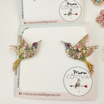 Brincos colibri coloridos com pedras brilhantes em cartão Maria Cotovia