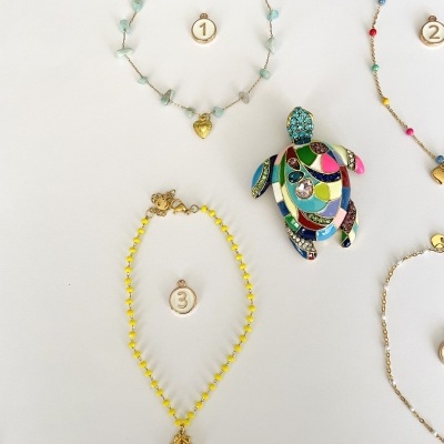 Colares e broche colorido em formato de tartaruga sobre fundo branco