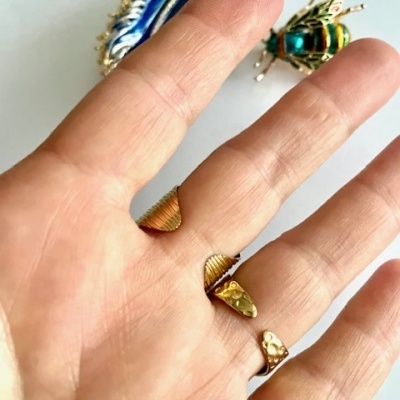Anel dourado texturizado numa mão, com broches de insetos coloridos desfocados no fundo