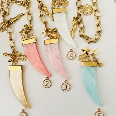 Colares com pendentes em forma de dente e correntes douradas com etiquetas numeradas