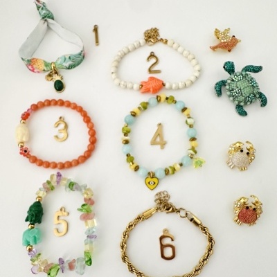 Conjunto de pulseiras numeradas e broches de animais sobre fundo branco