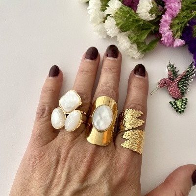 Mão com quatro anéis dourados e unhas castanho escuro, flores coloridas e broche de beija-flor