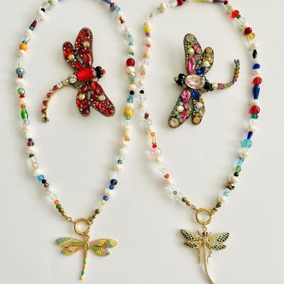 Colares com contas multicoloridas e pendentes de libélula, e dois broches de libélula com pedras coloridas
