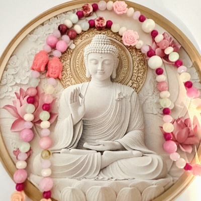 Ícone de Buda em relevo com colares coloridos em tons rosa e branco