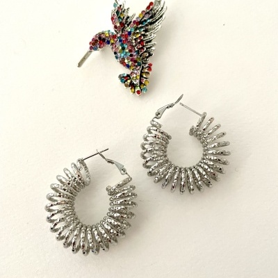 Brincos de beija-flor coloridos e brincos de argola prateados texturizados