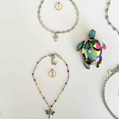 Colares e pulseiras com pendentes metálicos e um broche tartaruga colorido sobre fundo branco
