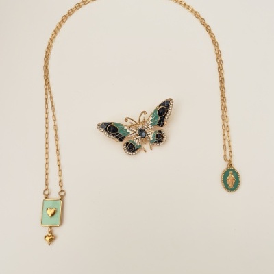 Colar dourado com esmalte verde e broche borboleta colorido