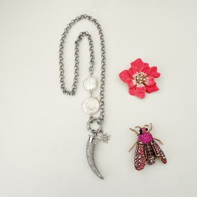 Colar prateado com pérolas e pendente, broches de flor vermelha e inseto com brilhantes