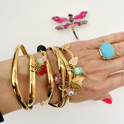 Mão com pulseira e anéis dourados coloridos e fundo branco com inseto decorativo