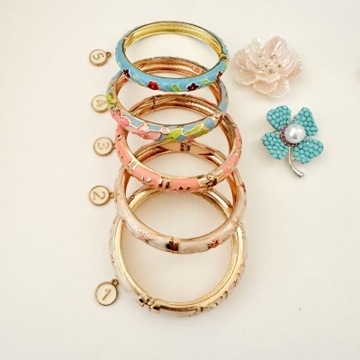 Cinco pulseiras esmaltadas coloridas com medalhas numeradas e duas broches florais ao lado
