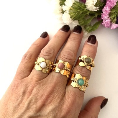 Mão feminina com anéis dourados e pedras coloridas, flores ao fundo.