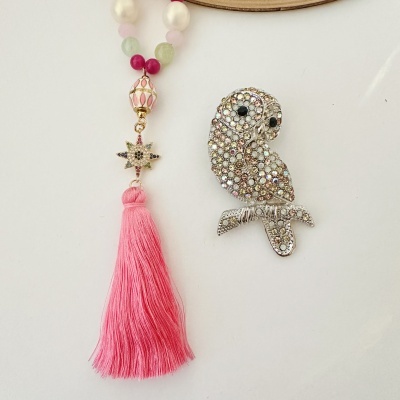 Colar colorido com borla rosa e broche em forma de papagaio com cristais